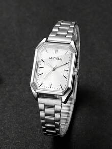 Reloj de cuarzo minimalista de plata para mujer, reloj de pulsera con esfera cuadrada delicada, accesorio versátil regalo para la mejor amiga (1 pieza/set) Caja de reloj no incluida - Plateado - Ver 5