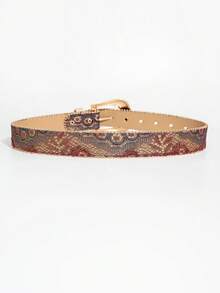 1pc Men's Western Style Matte Carved Belt, Summer Versatile Jeans Accessory, Rock Western Style Belt With Fancy Gold Buckle, Floral Jacquard Strap With Rhinestone Rivets - Multicolor - View 6