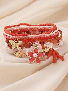 6pcs Bohemian Summer Vacation Style Creative Mix & Match Fashion Personalized Handmade Beaded Bracelet Set With Coral, Butterfly, Plumeria Charms, Layered, Multi-Strand, Elastic, Beaded, Suitable For Women, Bar, Party, Music Festival, Large Gathering, Perfect Gift For Friends And Family, All Seasons, Casual, Commute, Travel, Daily Wear - Flowers/Butterflies - View 8