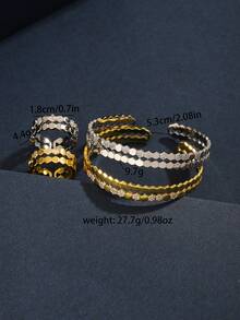 Set de brazalete y anillo estriado de tono dual enchapado con circonia cúbica, estilo retro, adecuado para uso diario - Estilo A Dorado - Ver 8