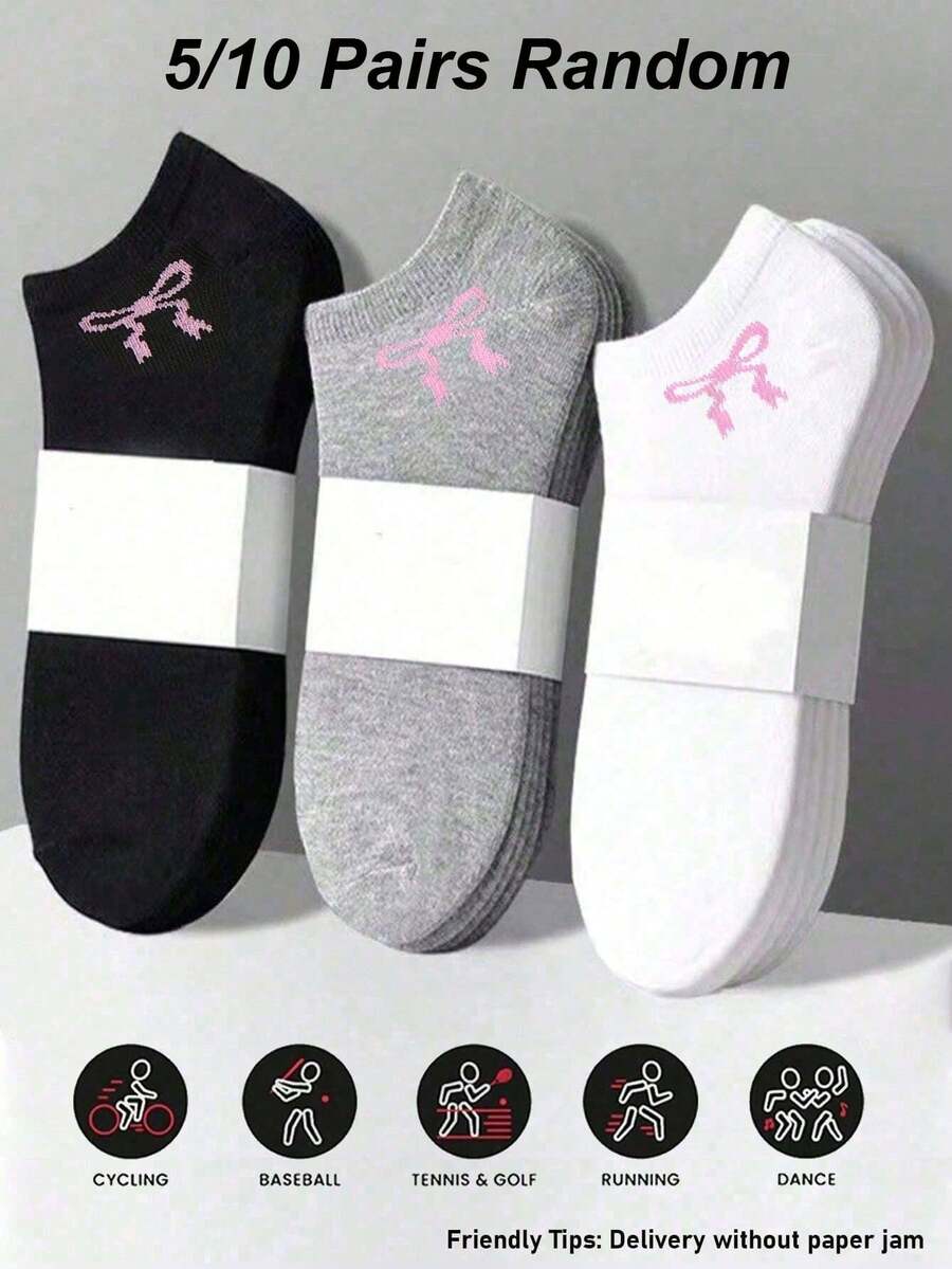 5/10 Pairs Random Color Bowknot Children's Socks, Outdoor Sports Socks, Back To School Student Socks, White And Gray Color Combination Summer Essential - Multicolor - View 1