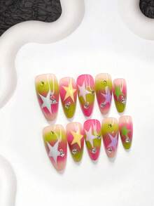 10pcs Summer Style Handmade Press-On Nails, Polygel Nail Art Set, Star & Rhinestone Decor, White, Yellow, Purple, Green Nail Polish, Dopamine Style, Includes Nail Tools, 3 Sizes Available, Almond, Duck, Coffin Shape, Suitable For Party, Dancing, Daily Wear - 彩色 - 查看 3
