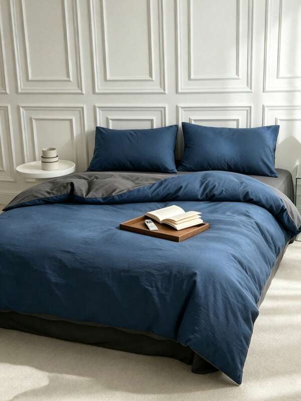 Deep Blue & Dark Grey Color Block Minimalist Comfortable Soft Skin-Friendly Duvet Cover Set 3pcs (1*Duvet Cover + 2*Pillowcases, No Filling), Suitable For Bedroom, Guest Room, Machine Washable, All Seasons