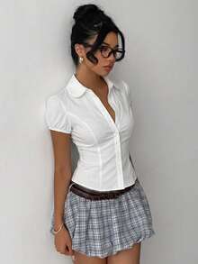 Women's Elegant Casual Solid Color Waist-Defining White Collar Regular Length Short Puff Sleeve Button Front Polyester Shirt, Versatile For Summer Commute - White - View 3