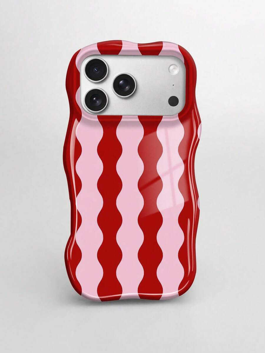 Una funda de teléfono con patrón de rayas onduladas rojas y rosas asimétrica de dos en uno, funda de teléfono con forma asimétrica, compatible especialmente con modelos 17 Pro, 17e, 16e, 15, 14, 13, 12, 11, diseño elegante, funda de teléfono de moda de verano, ¡un regalo perfecto para tu novia en Navidad, Día de San Valentín, Pascua, temporada de bodas y cumpleaños! - Multicolor - Ver 1
