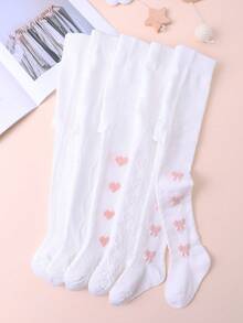 5 Pairs Sweet Cute Heart And Bow Jacquard Mesh White Tights For Baby Girls, Spring/Summer, Daily Versatile, Suitable For Back To School Season - White - View 8