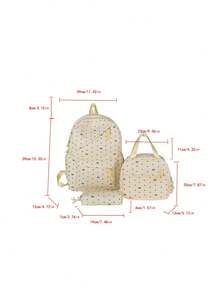 3-Piece Nylon Bow & Heart Print Backpack Set, Foldable Multi-Pocket Large Capacity Zipper Backpack, Suitable For Teens And High School Students - Yellow - View 8