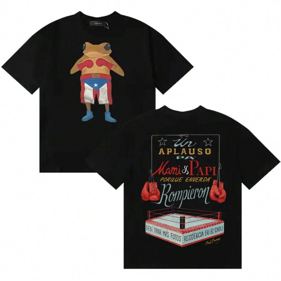 Camisetas de manga corta con estampado de rapero y hip hop para hombre, ropa popular de verano, cuello redondo, cómodas, holgadas y casuales para adolescentes - Negro - Ver 1