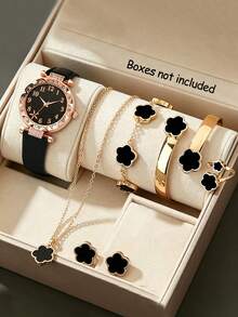 One Black Quartz Watch With PU Leather Strap For Teenagers Paired With Six Flower-Themed Accessory Sets, Suitable For Daily Wear And Holiday Parties. - Black - View 3