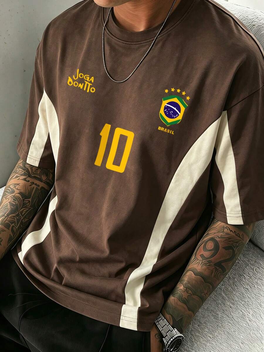 Men's Graphic T-Shirt, Retro Brazil Football Jersey - Legendary Number 10, Casual Football Fan Outfit, Football Shirt, Colorblock Design - Brown - View 1