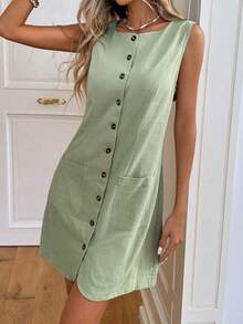 Vestido mini casual con botones y bolsillos para mujer - Azul - Ver 6
