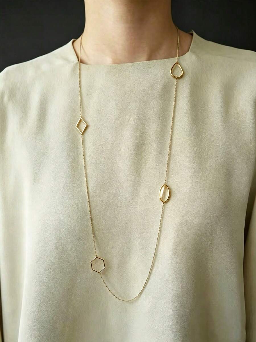 1pc Stainless Steel 18K Gold Plated 4-Piece Geometric Hollow Pendant Long Necklace, Women's Daily, Date, Party Accessory - Gold - View 1