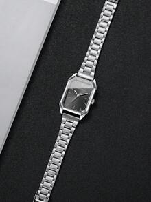 Reloj de cuarzo plateado minimalista para mujer, reloj de pulsera con esfera cuadrada exquisita y sencilla, accesorio versátil regalo para la mejor amiga (1 pieza/set) Caja de reloj no incluida - Plateado - Ver 6