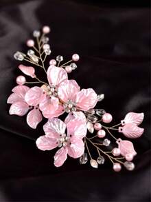 1 pieza Clip para el cabello floral rosa hecho a mano con pedrería para mujer, accesorio de adorno para el cabello para vestirse en Año Nuevo - Rosa - Ver 2