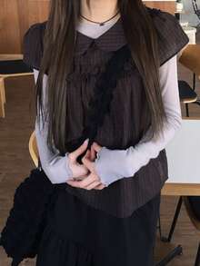 Retro Versatile Japanese Style Plaid Peter Pan Collar Short Sleeve Shirt Summer - Coffee Brown - View 1