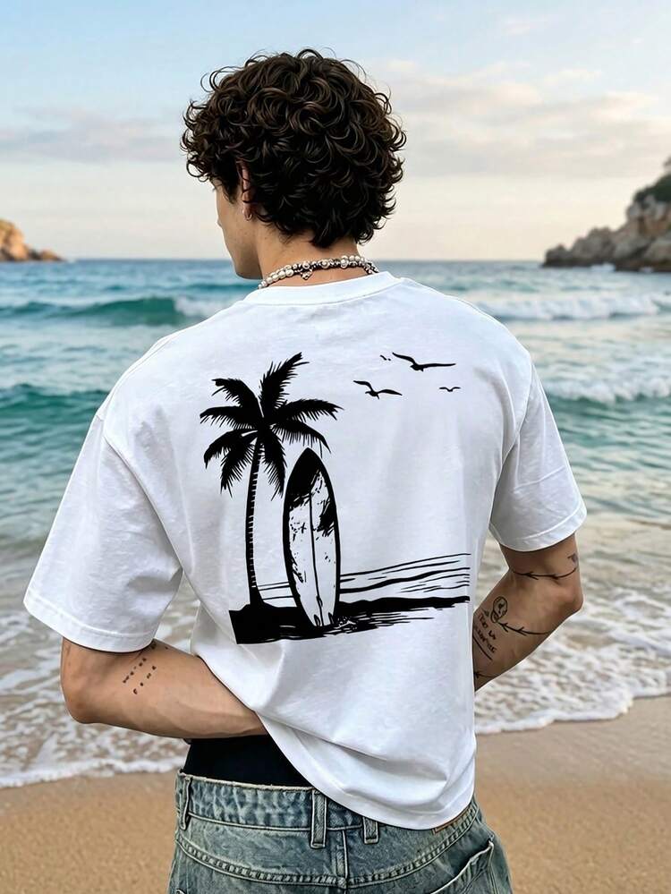 1pc Men's Graphic Print T-Shirt, Beach Summer Wear, Loose Fit Short Sleeve Tee. This Men's T-Shirt Has A Casual, Vacation-Style Design, Very Suitable For Beach Getaways, As Well As Everyday Wear. - White - View 4