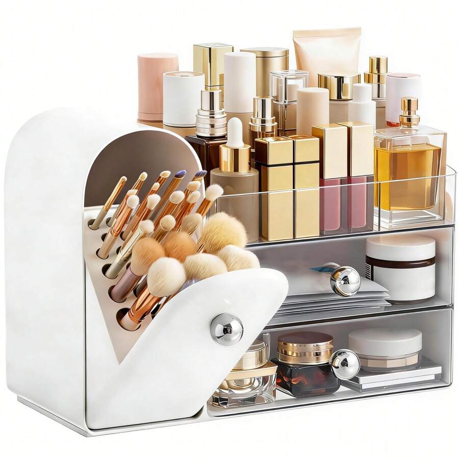 Makeup Organizer Countertop With Drawers, Vanity Organizers With Brush Holder, Bathroom Counter Organizer For Perfume, Nail Polishes, Lipsticks, Skincare And Eyeshadow Palettes - View 1