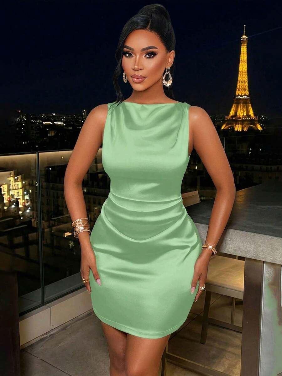AIJ Amarilo Women's Autumn/Winter Open Shoulder Ruffle Waist A-Line Solid Satin Mini Dress For Dates, Gatherings And Parties Elegant Party Summer - Light Green - View 1