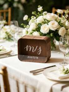 1pc Customized Wooden Wedding Card Box, Personalized Name & Date Wedding Gift Card Storage Box, Engraved Rustic Style Wooden Money Box, Customized Text Reception Card Collection Box, Wedding Ceremony Decoration, Bridal Shower, Engagement Party, Anniversary Celebration Keepsake - Multicolor - View 6