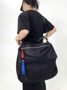Ladies' Large Capacity Black Shoulder Bag, Sports Style Mesh Splicing Tote Bag, Contrasting Zipper Details - Black - View 7