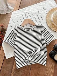 1pc Girls' Summer New Thin Striped Round Neck Short Sleeve Black & White Color Block Versatile Casual T-Shirt - White - View 3