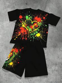 Plus Size Men's 2-Piece Outfit, Men's Street Casual Minimalist Series "Colorful Splatter Lion Head" Pattern Sports Set - Polyester Knit Fabric, Round Neck Design, Drawstring Shorts, Pocket Detail, Regular Fit, Suitable For Plus Size Body - Black - View 4