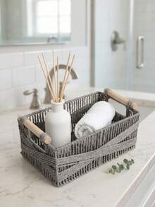 1pc/2pcs Paper Woven Storage Basket With Handle, Lace Decorated Desktop Organizer Box, Rectangular Basket Suitable For Cosmetics, Keys, Remote Controls, Snacks, Clothes And Toys, Home Multi-Functional Decorative Storage Rack, Halloween And Christmas Gift, Minimalist Style, Clean - Dark Grey - View 5
