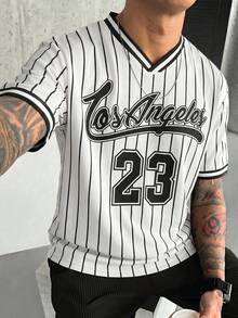 FRACTYR Men's Summer Casual Street Fashion Retro Streetwear V-Neck T-Shirt, Los Angeles 23 Striped Baseball Jersey Print, Loose Breathable Soft Short Sleeve Tee - White - View 1