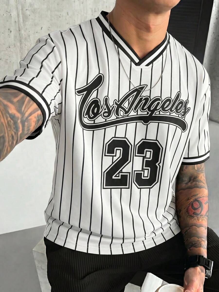 FRACTYR Men's Summer Casual Street Fashion Retro Streetwear V-Neck T-Shirt, Los Angeles 23 Striped Baseball Jersey Print, Loose Breathable Soft Short Sleeve Tee - White - View 1