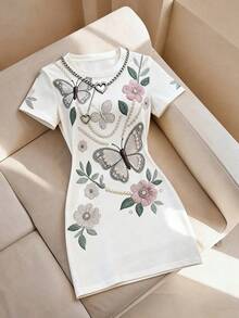 Nuevo 2026  Vestido corto de mujer con cuello redondo y manga corta con estampado de flores y mariposas - Café integral - Ver 11