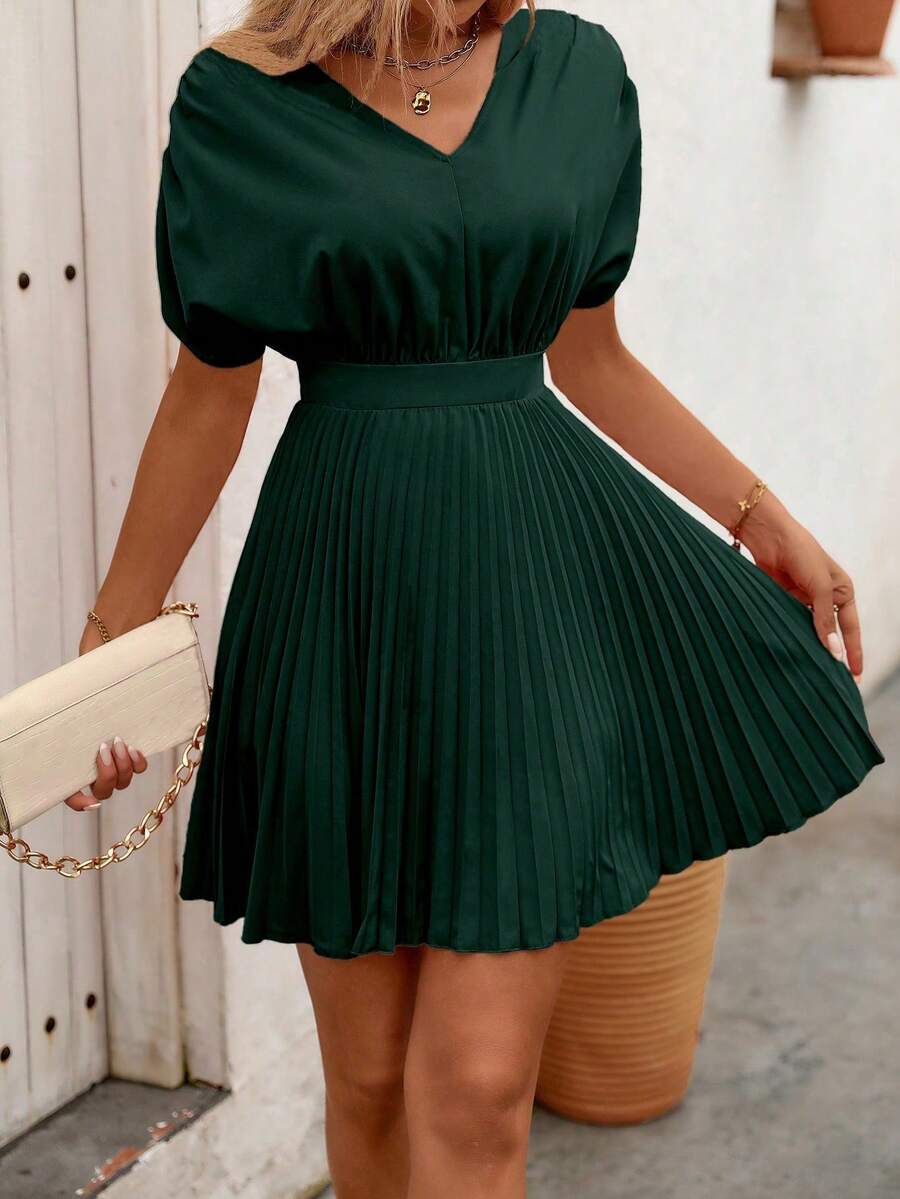 EMERY de verano de mujer liso con cintura y dobladillo plisado - Verde Oscuro - Ver 1