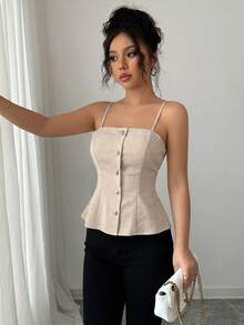 abyoxi Damen-Camisole in Apricot mit Spaghettiträgern, einreihiger Knopfleiste, geraffter Taille und Rüschensaum, lässig, minimalistisch, für Büro, Pendeln und Alltag im Sommer - Aprikosenfarben - Übersicht 6