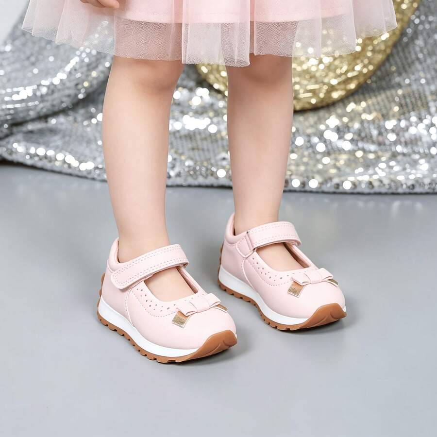 1 Pair Fashionable Girls' Mary Jane Shoes, Princess Sneakers, With Hook And Loop Closure, Non-Slip Flat Shoes, Suitable For Students, Versatile For Spring, Runs Small By One Size - Beige - View 1