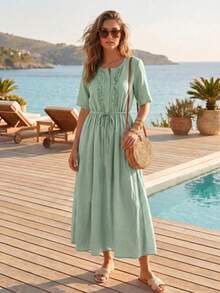 Frühling Sommer Herbst Vintage Bohemian elegantes Damenkleid mit Rundhalsausschnitt, doppellagigen Rüschen, Plissee, Patchwork, Bindegürtel, Knöpfen, mittellang, leicht und atmungsaktiv, Vintage-frisches Rüschen-Dekor, Taillenknöpfe, Kurzarm, süß, vielseitig, elegant, für den Arbeitsweg, schlicht, minimalistisch, leichtes atmungsaktives Material - Grün - Übersicht 1