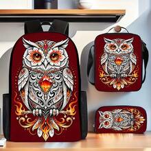 Clásico y elegante conjunto de mochila de tres piezas con estampado artístico de búho, adecuado para uso diario y viajes al aire libre. - 3 piezas - Ver 2