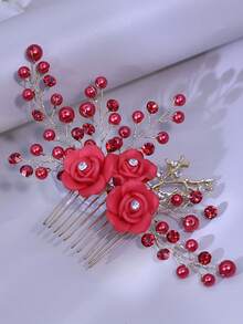 1件紅色女用髮飾，紅色仿水晶珠髮梳，花卉設計奢華髮梳，新娘髮飾，婚宴髮飾，裝扮髮飾，夏季 - 紅色 - 查看 3
