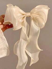 1pc/2pcs Organza Oversized Bow Spring Hair Clip, Cream White Fluffy 3D Long Tail Ribbon, Elegant Fairy-Like Updo Hair Accessory For Women, Sweet Romantic Wedding Party Date Daily Commute Photoshoot - Beige - View 1