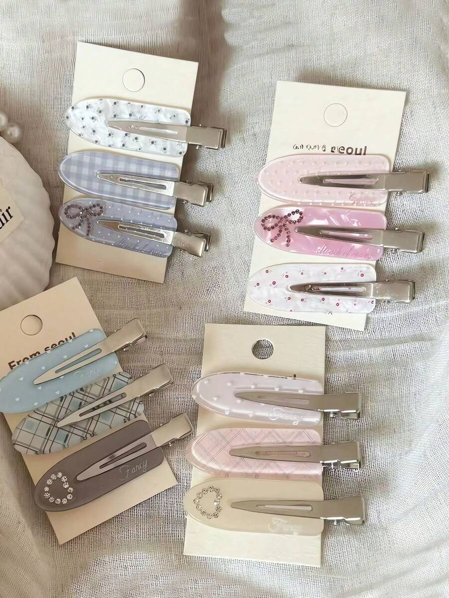 6pcs/Set Plaid Heart-Shaped Rhinestone Hair Clips, Cute No-Crease Bangs Side Hair Clips, Sweet Women's Daily Hairstyle Decoration Hair Accessories Set (No Card Packaging) - Multicolor - View 1