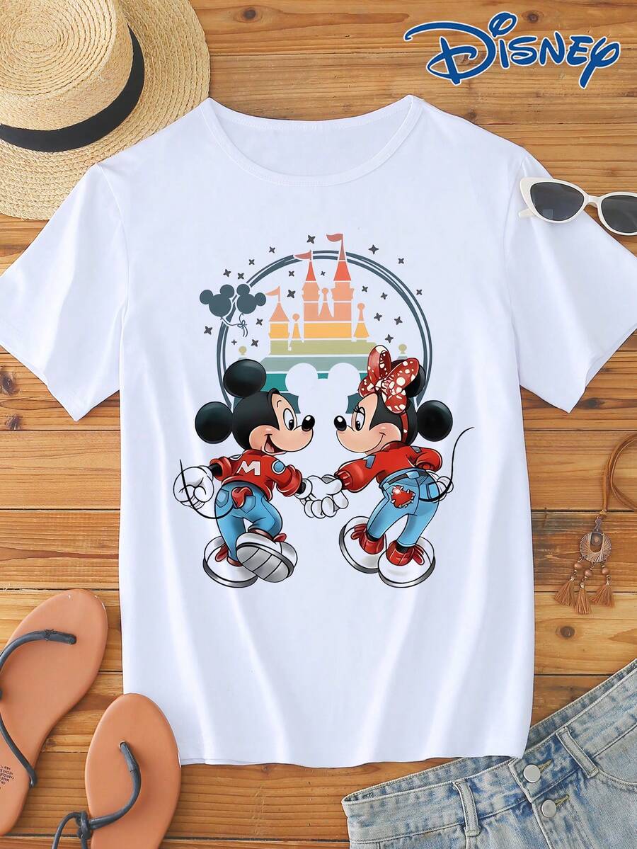 Disney 1件男士短袖T恤，寬鬆版型，可愛米老鼠卡通圖案印花，圓領，微彈性 - 白色 - 查看 1