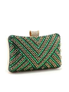 Handbag With Metal Handle, Evening Bag With Diamonds, Gold Wedding Clutch, Shoulder Bag With Chain, Small Handbag - Green - View 3