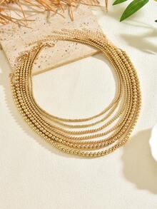 7pcs Minimalist Versatile Gold Beaded Necklace Set, Multi-Layer Layering Choker Necklace For Women, Suitable For Banquet And Commute - Gold - View 2