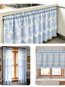 1pc Plaid Pattern Kitchen Short Curtain With Lace Trim And Pom Pom Decoration, Rod Pocket Top (Curtain Rod Not Included) Cabinet Curtain, American Country Pastoral Style Half Curtain, Suitable For Kitchen, Cafe, Bedroom And Other Decor - Blue - View 8