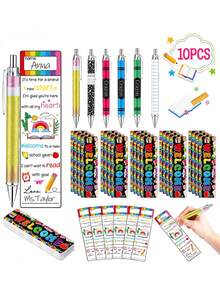 12pcs-Thank You Back To School Gift, Rainbow Welcome Back To School Bookmarks And Glitter Ballpoint Pens, Colorful Reading Markers, Crayon Pencil Design Ballpoint Pens, Teacher Classroom Supplies, First Day Of School, Back To School, Reading Rewards, Student Stationery, School Party Small Gifts - Multicolor - View 1