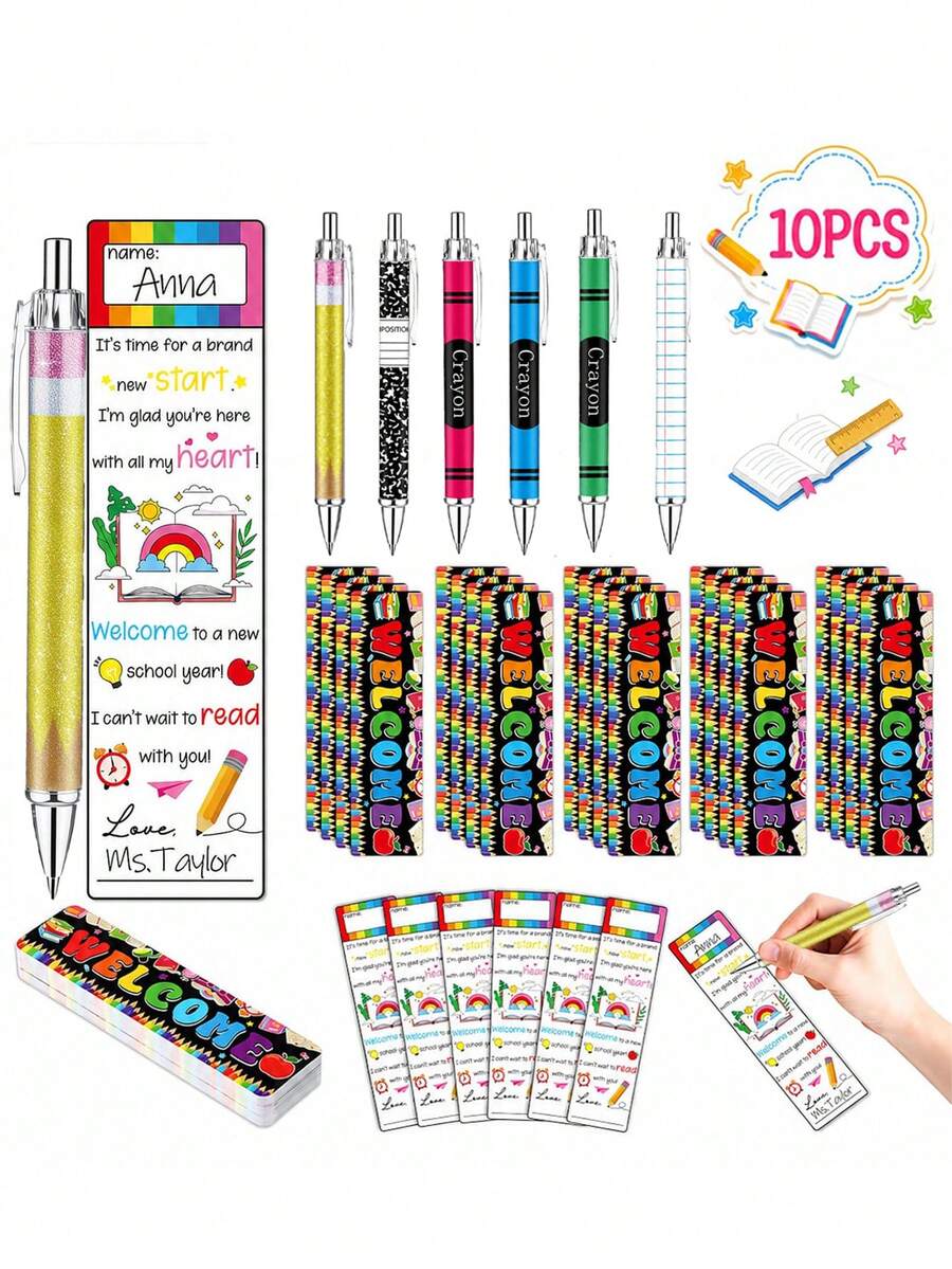 12pcs-Thank You Back To School Gift, Rainbow Welcome Back To School Bookmarks And Glitter Ballpoint Pens, Colorful Reading Markers, Crayon Pencil Design Ballpoint Pens, Teacher Classroom Supplies, First Day Of School, Back To School, Reading Rewards, Student Stationery, School Party Small Gifts - Multicolor - View 1