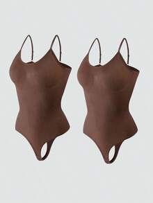 2Pcs High Waist Tummy Control Thong Bodysuit Figure - 咖啡棕 - 查看 7
