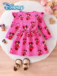 Disney Mickey Mouse Autumn/Winter Long Sleeve Dress, Featuring Cute Minnie Mouse Cartoon Print, Slight Stretch, Suitable For Girls' Daily Wear, Perfect As A Holiday Gift - Hot Pink - View 2