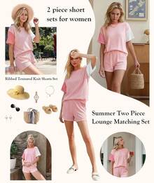 MARZXIN Women 2 Piece Shorts Set 2026 Casual Summer Cruise Outfits Ribbed Loose Short Sleeve Pocket Matching Lounge Sets - Patchwork Pink - View 9