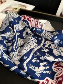 1件女款仿絲印花方巾頭巾髮帶 時尚多功能小領巾 適合日常使用 - 藍色 - 查看 3