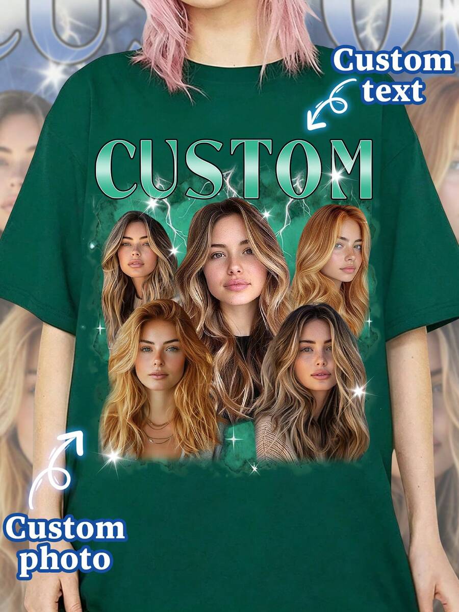 Custom 90s Vintage Street Style T-Shirt, Personalized Photo & Text Print Tee, Customized Gift For Couple Anniversary Summer - Dark Green - View 1
