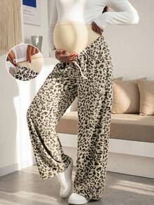 Celana Hamil Motif Leopard dengan Karet Pinggang Lebar, Tali Serut yang Dapat Diatur, Celana Penyangga Perut Hamil untuk Aktivitas Kasual & Perjalanan Luar Ruangan - Aprikot - View 3
